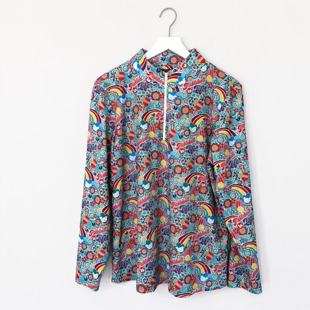 Katherine Way Pickleball Is Life Quarter Zip Top XL Floral Rainbow USA